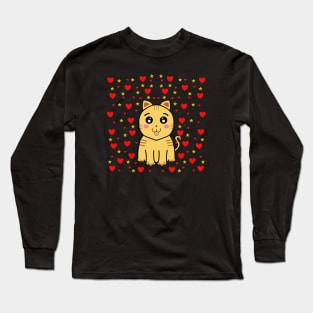 Kawaii Yellow Cat With Heart & Stars Long Sleeve T-Shirt